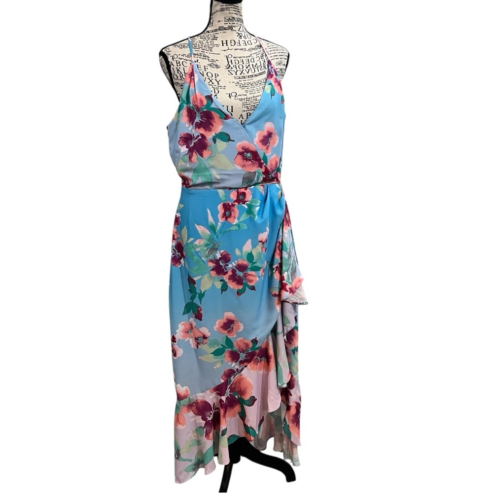 Adelyn Rae Floral High Low Dress in Blue and Pink‎